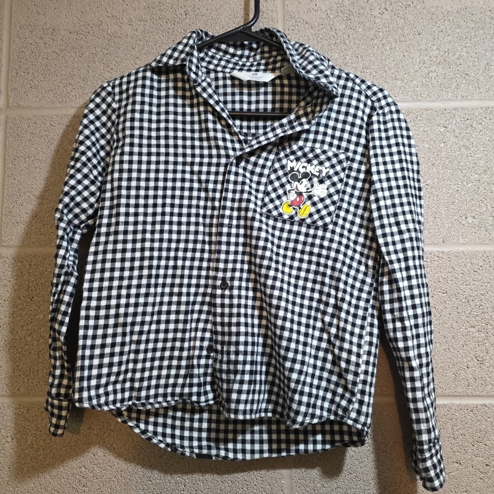 Boys H&M Mickey Mouse Shirt Plaid White Black US Size 8 Made In China Big Print